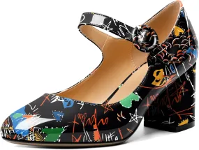 AUMOTED Women's Mary Jane Block Chunky Heels Pumps Close Round Toe Patent Heels Pumps 2.5 Inch Ladies Work Office Dress Shoes