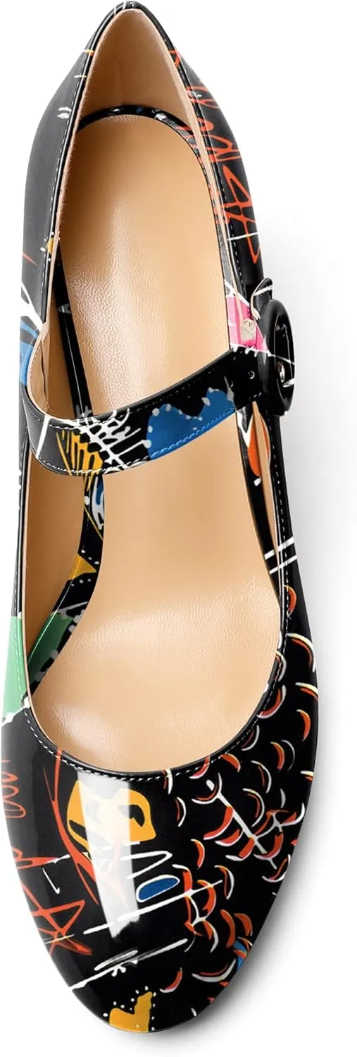 AUMOTED Women's Mary Jane Block Chunky Heels Pumps Close Round Toe Patent Heels Pumps 2.5 Inch Ladies Work Office Dress Shoes