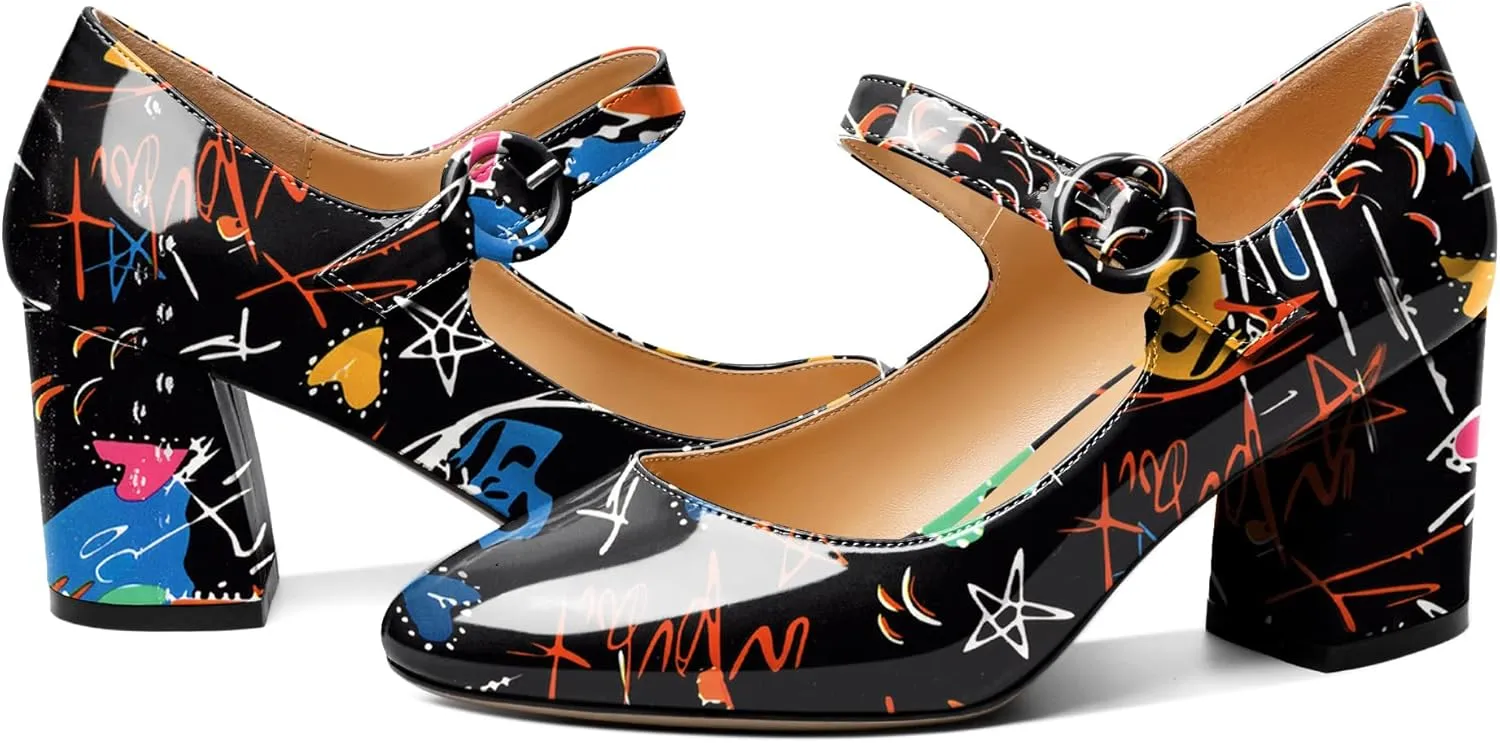 AUMOTED Women's Mary Jane Block Chunky Heels Pumps Close Round Toe Patent Heels Pumps 2.5 Inch Ladies Work Office Dress Shoes