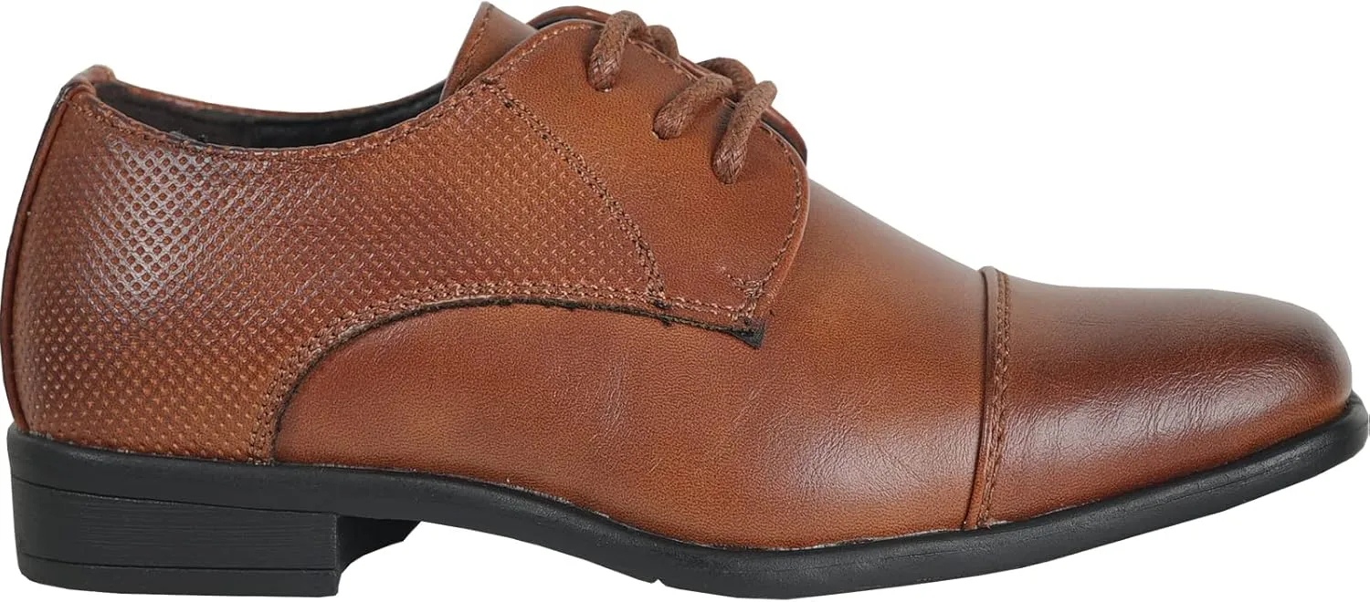 bravo! Boy Dress Shoe King Lace-up Oxford Plain Toe or Cap Toe Leather Sock for School Uniform Formal Event Size from Toddler to Youth Black Brown Cognac