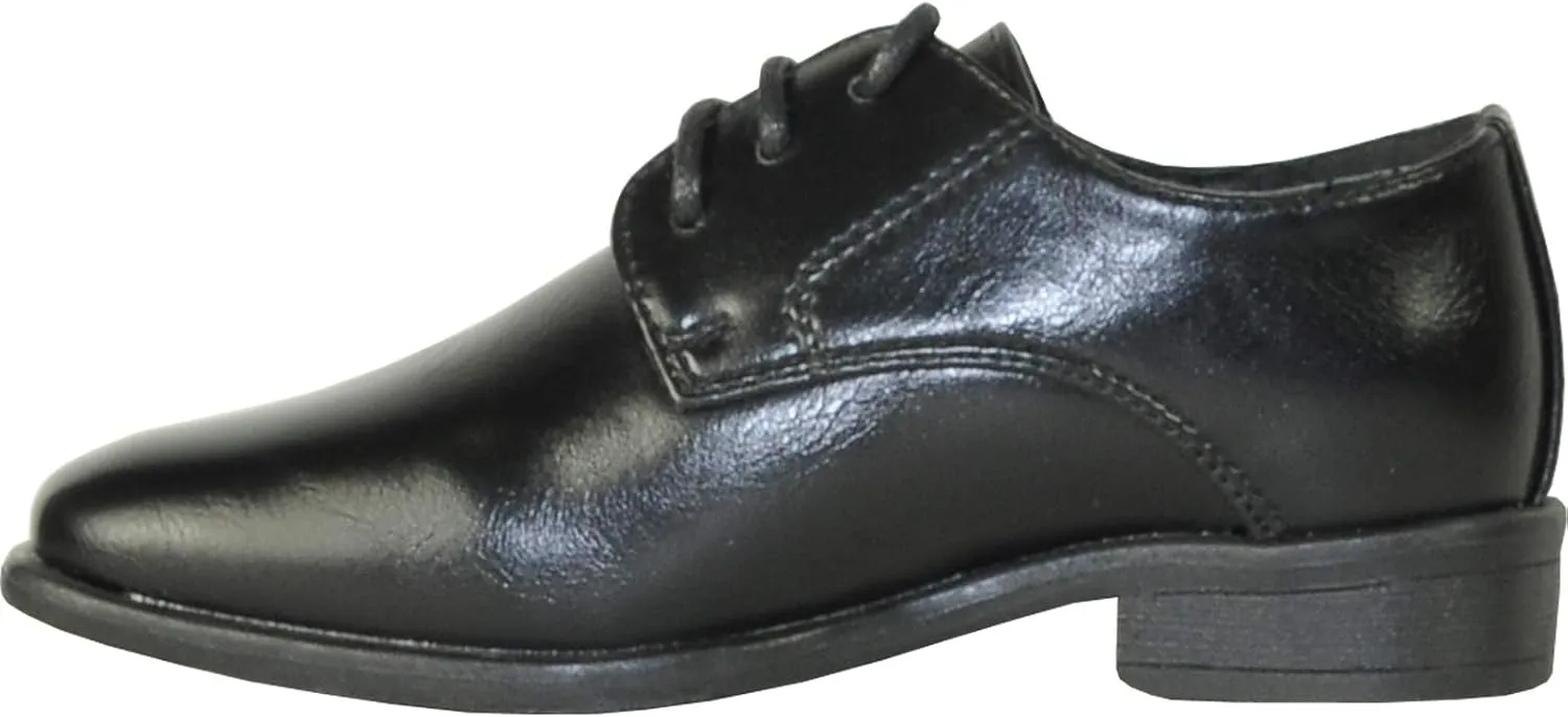 bravo! Boy Dress Shoe King Lace-up Oxford Plain Toe or Cap Toe Leather Sock for School Uniform Formal Event Size from Toddler to Youth Black Brown Cognac