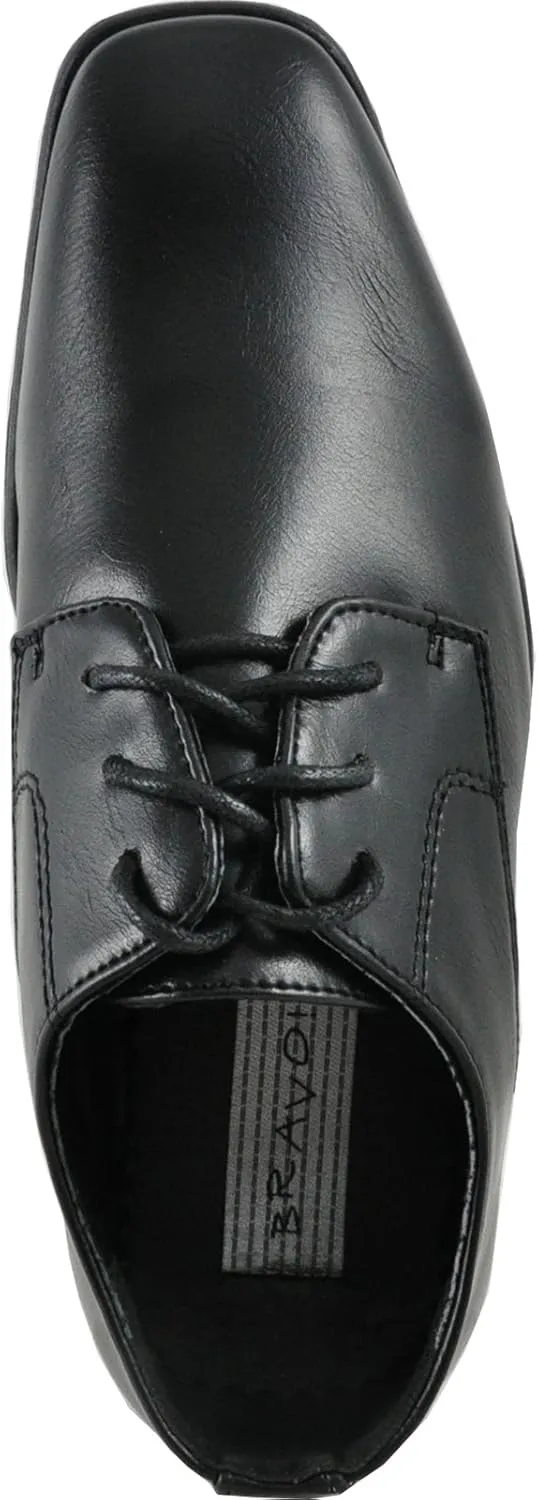 bravo! Boy Dress Shoe King Lace-up Oxford Plain Toe or Cap Toe Leather Sock for School Uniform Formal Event Size from Toddler to Youth Black Brown Cognac