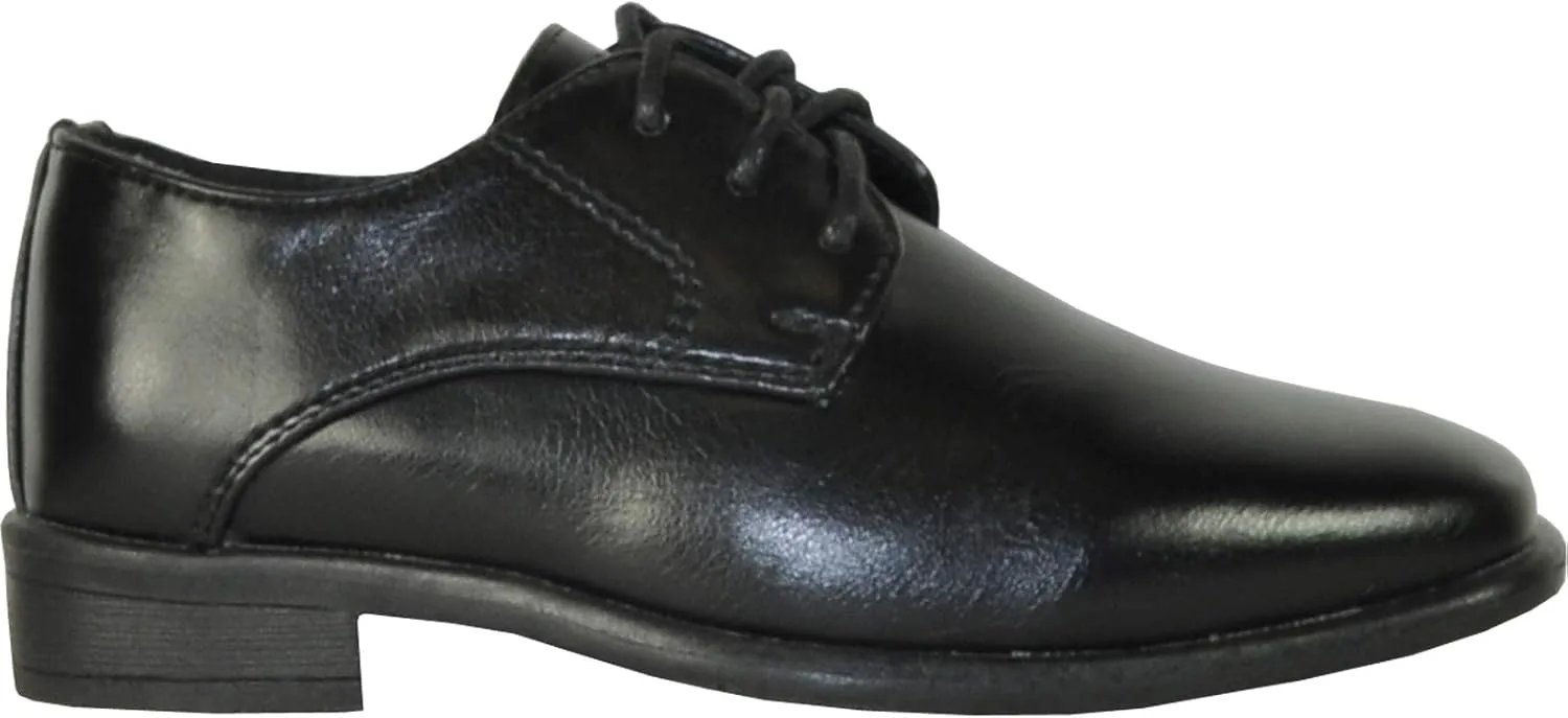 bravo! Boy Dress Shoe King Lace-up Oxford Plain Toe or Cap Toe Leather Sock for School Uniform Formal Event Size from Toddler to Youth Black Brown Cognac