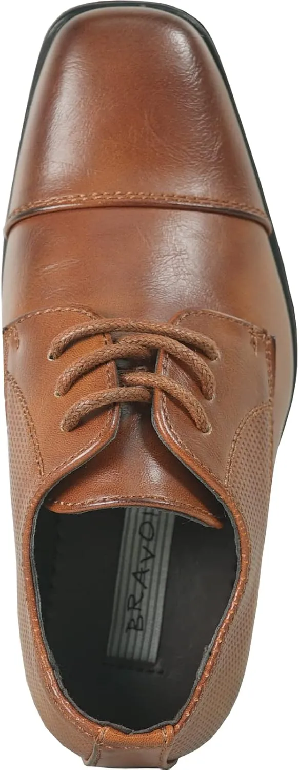 bravo! Boy Dress Shoe King Lace-up Oxford Plain Toe or Cap Toe Leather Sock for School Uniform Formal Event Size from Toddler to Youth Black Brown Cognac