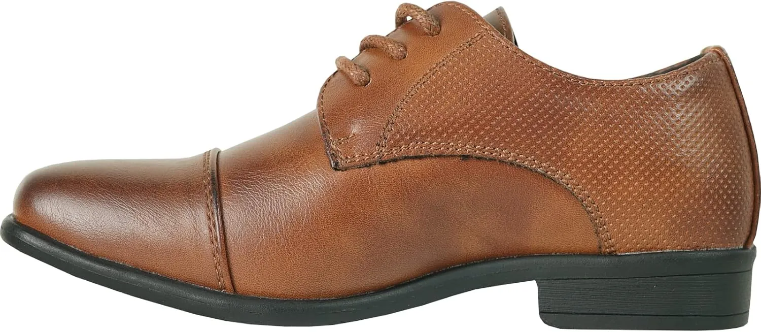 bravo! Boy Dress Shoe King Lace-up Oxford Plain Toe or Cap Toe Leather Sock for School Uniform Formal Event Size from Toddler to Youth Black Brown Cognac