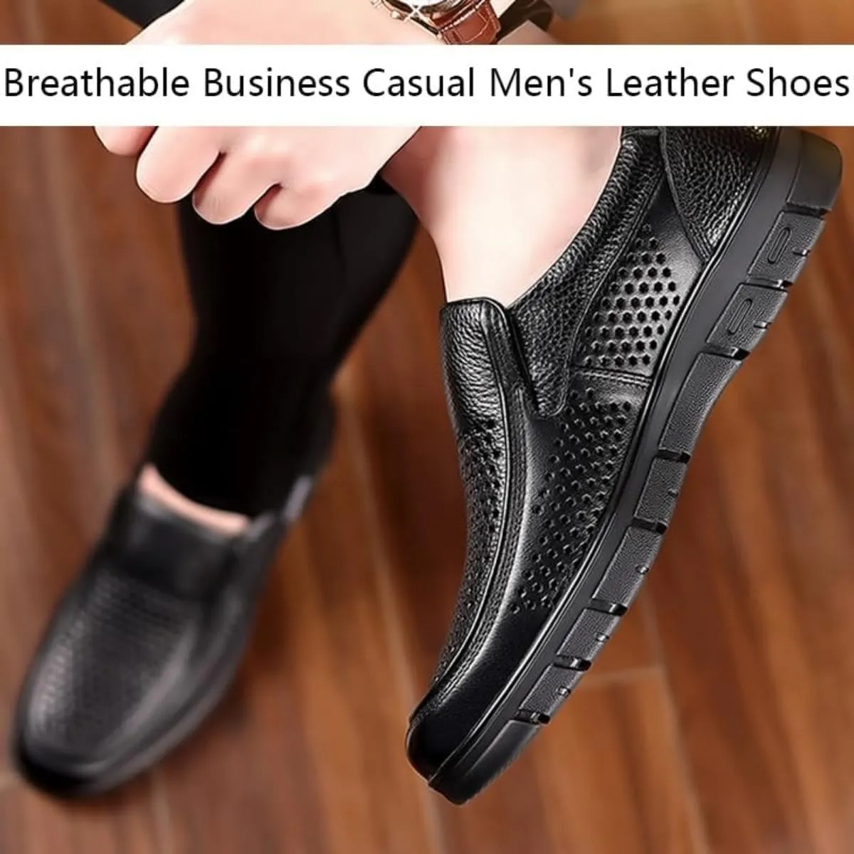 Breathable Business Casual Men's Leather Shoes, Summer Mesh Lightweight Soft Leather Moccasins Slip-On Walking Shoes
