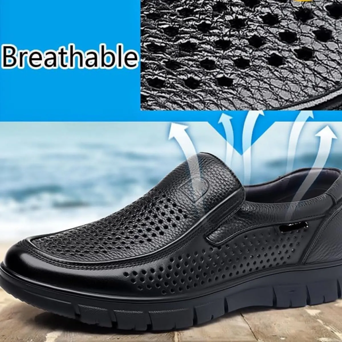 Breathable Business Casual Men's Leather Shoes, Summer Mesh Lightweight Soft Leather Moccasins Slip-On Walking Shoes