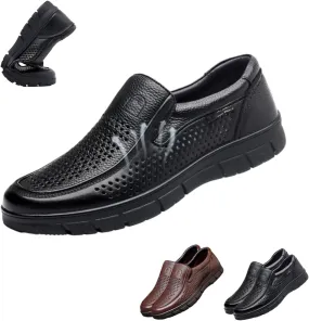 Breathable Business Casual Men's Leather Shoes, Summer Mesh Lightweight Soft Leather Moccasins Slip-On Walking Shoes