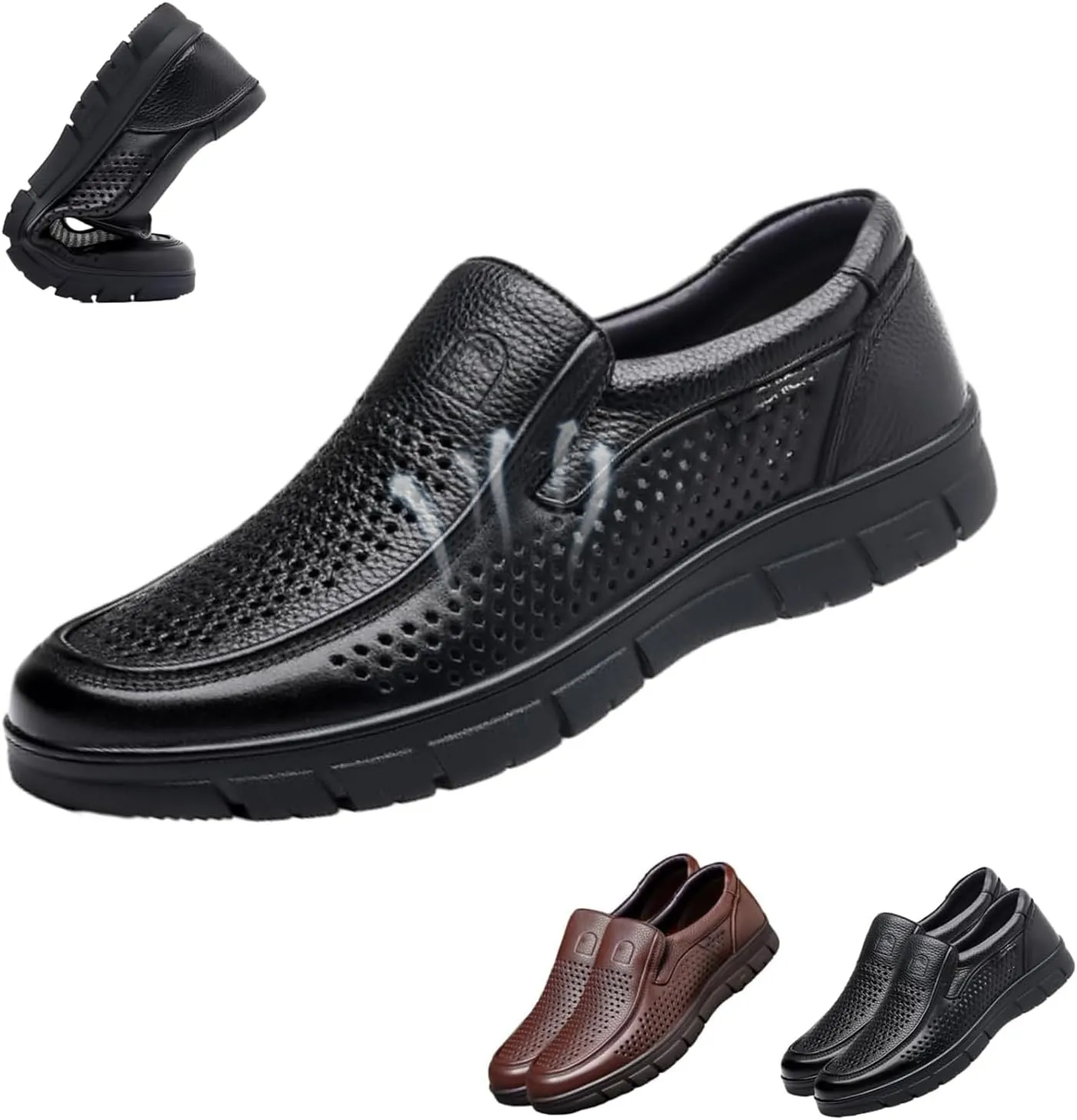 Breathable Business Casual Men's Leather Shoes, Summer Mesh Lightweight Soft Leather Moccasins Slip-On Walking Shoes
