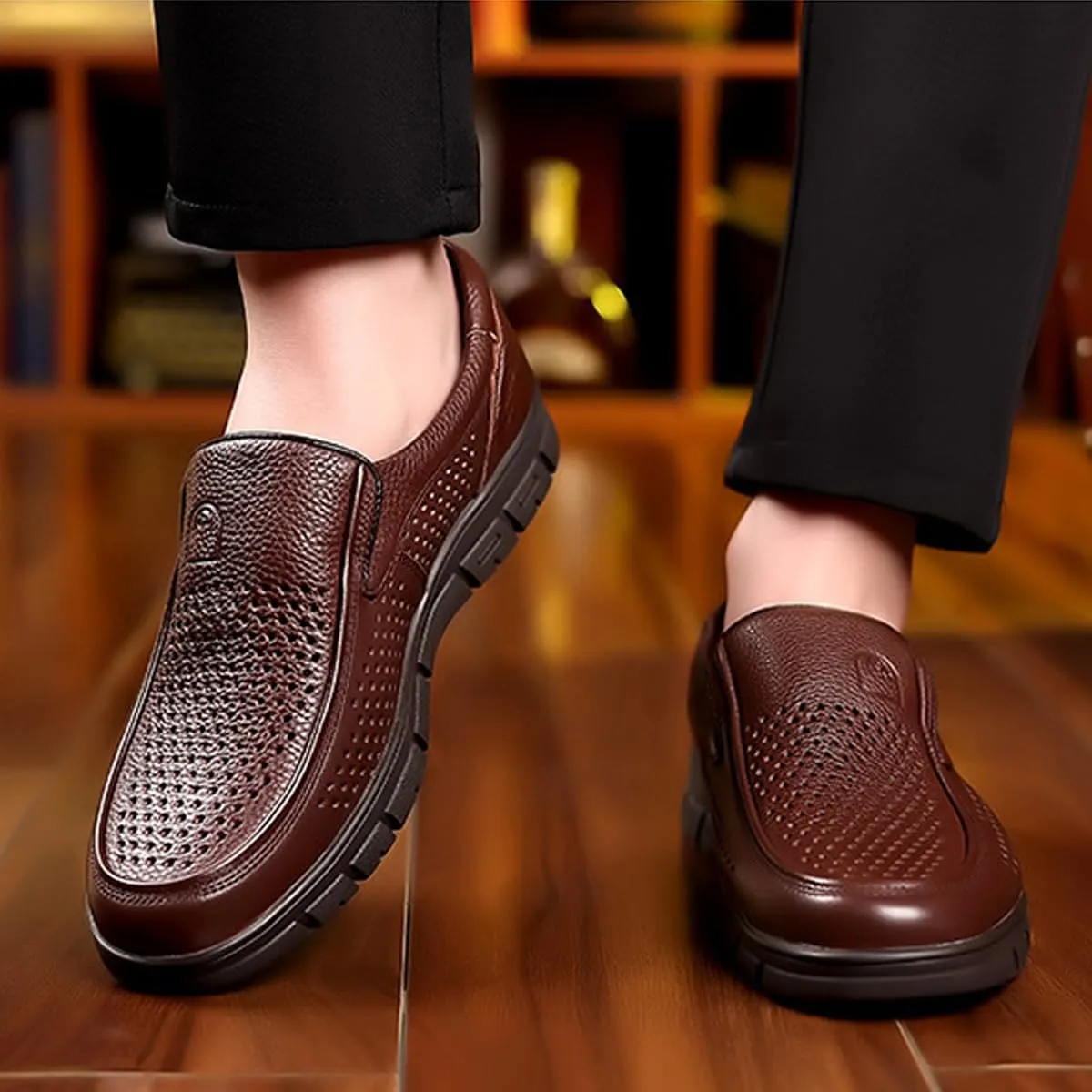 Breathable Business Casual Men's Leather Shoes, Summer Mesh Lightweight Soft Leather Moccasins Slip-On Walking Shoes