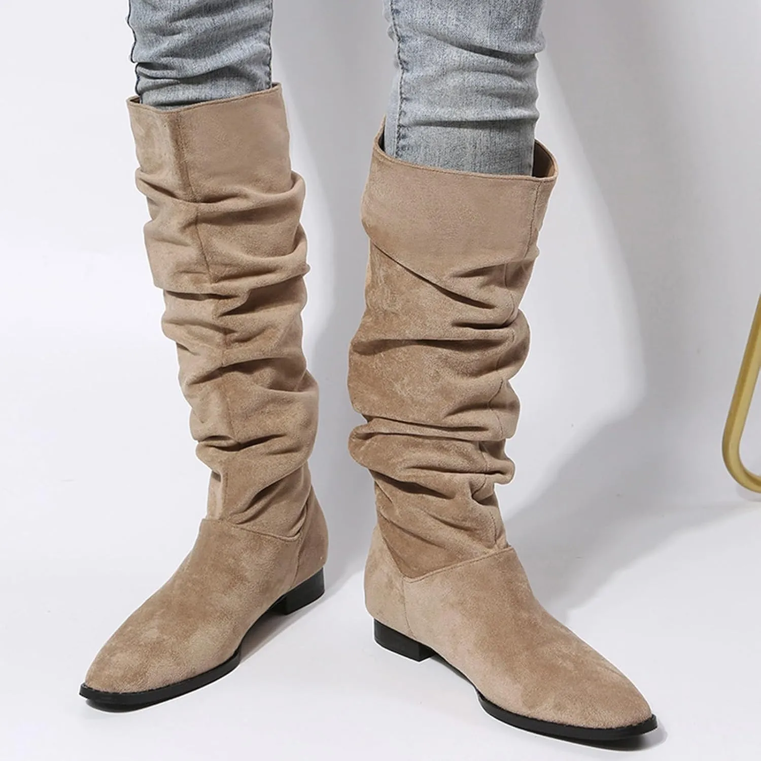 Cathalem Knee High Boots for Women Low Heel Comfortable Dressy Pointed Toe Warm Pleated Slip on Block Chunky Heel Boots