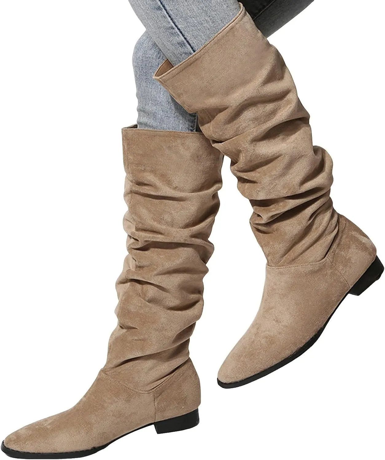 Cathalem Knee High Boots for Women Low Heel Comfortable Dressy Pointed Toe Warm Pleated Slip on Block Chunky Heel Boots