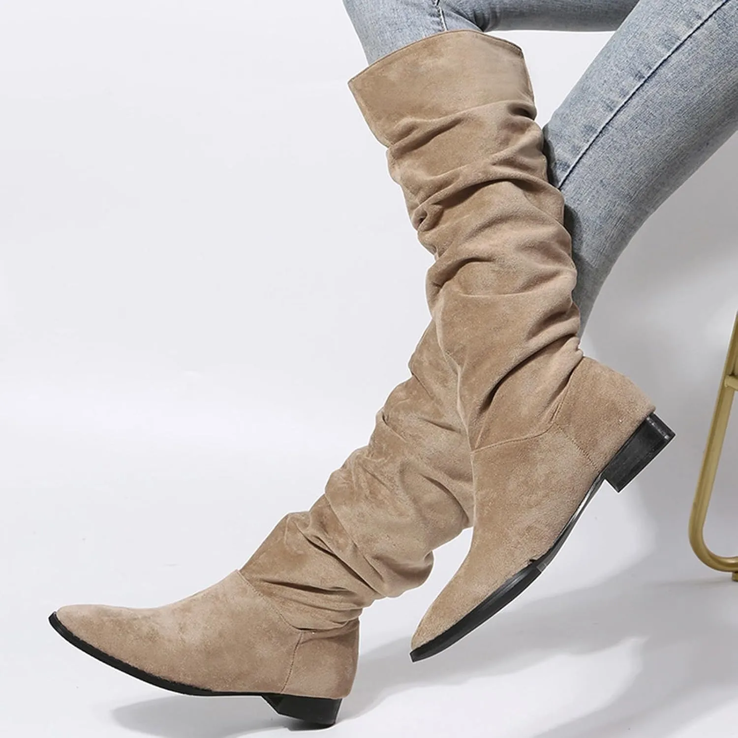Cathalem Knee High Boots for Women Low Heel Comfortable Dressy Pointed Toe Warm Pleated Slip on Block Chunky Heel Boots