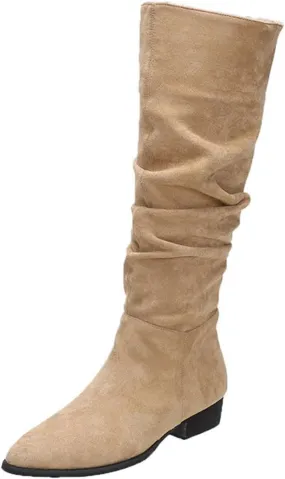 Cathalem Knee High Boots for Women Low Heel Comfortable Dressy Pointed Toe Warm Pleated Slip on Block Chunky Heel Boots