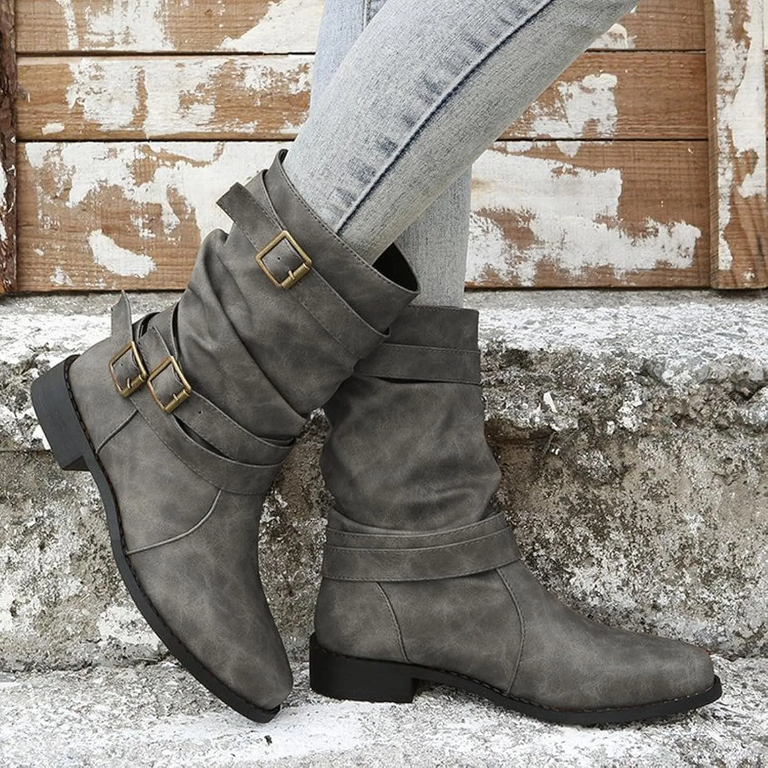 Cathalem Mid Calf Boots for Women, Women's Ankle Bootie Winter Lace up Mid Calf Military Combat Boots Fall Booties