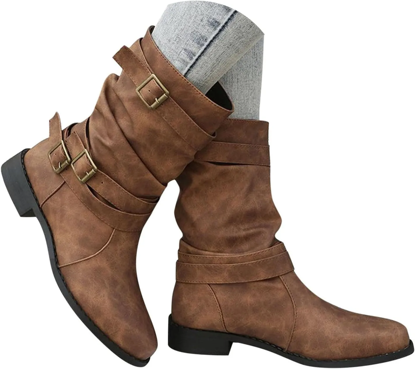 Cathalem Mid Calf Boots for Women, Women's Ankle Bootie Winter Lace up Mid Calf Military Combat Boots Fall Booties