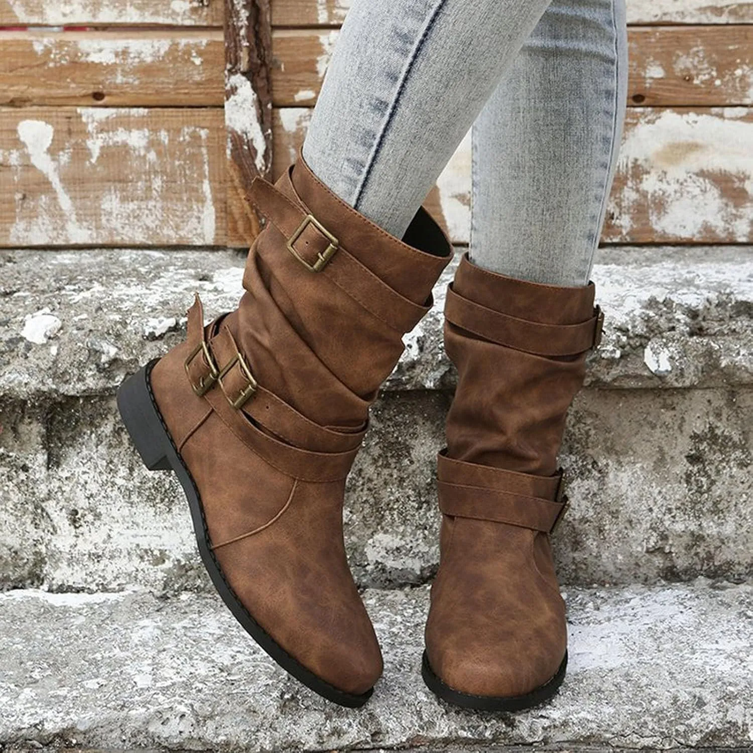 Cathalem Mid Calf Boots for Women, Women's Ankle Bootie Winter Lace up Mid Calf Military Combat Boots Fall Booties