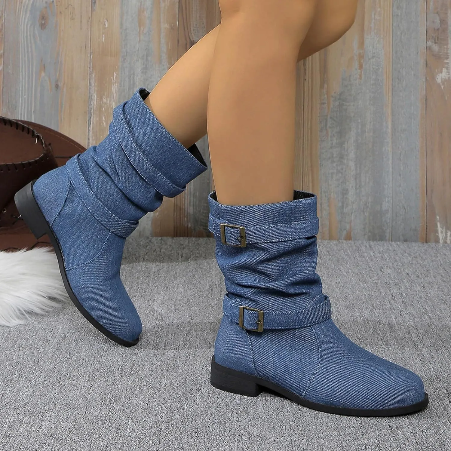 Cathalem Mid Calf Boots for Women, Women's Mid Calf Dress Boots Biker Motorcycle Riding Boots Women For Women Fall Booties