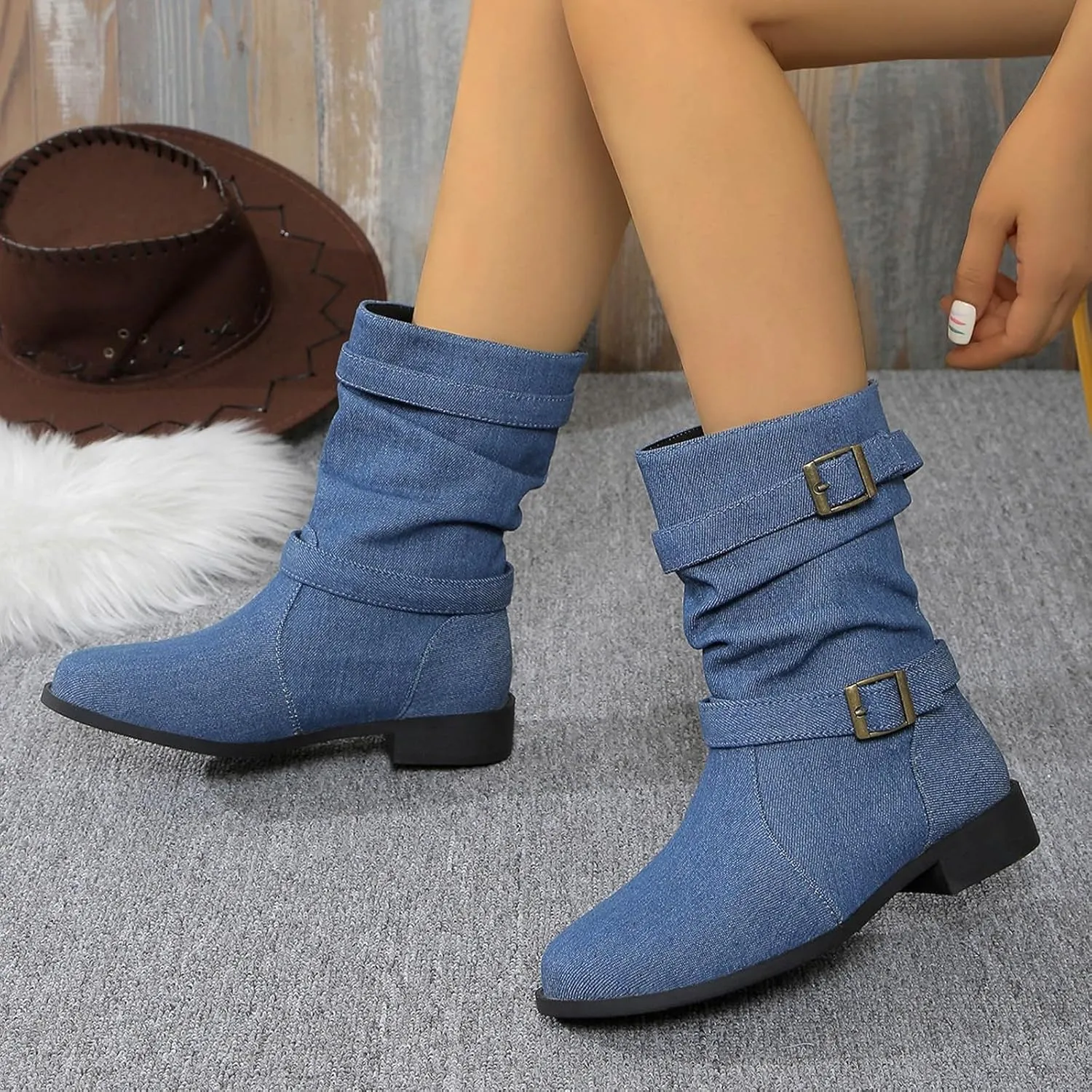Cathalem Mid Calf Boots for Women, Women's Mid Calf Dress Boots Biker Motorcycle Riding Boots Women For Women Fall Booties