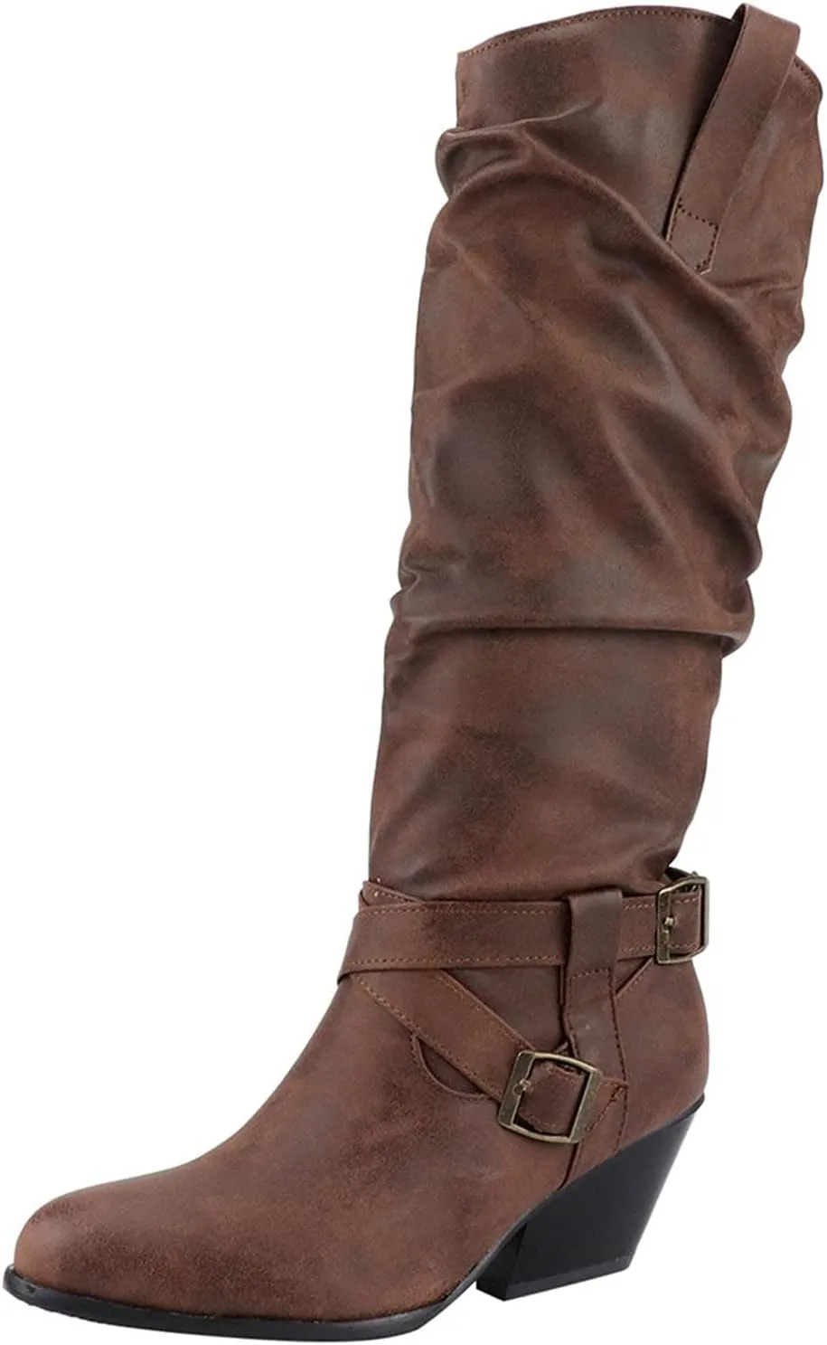 Combat Boots Womens Retro Low Chunky Heels Pleated Thigh High Boots Pull On Knee High Boots Long Bootie