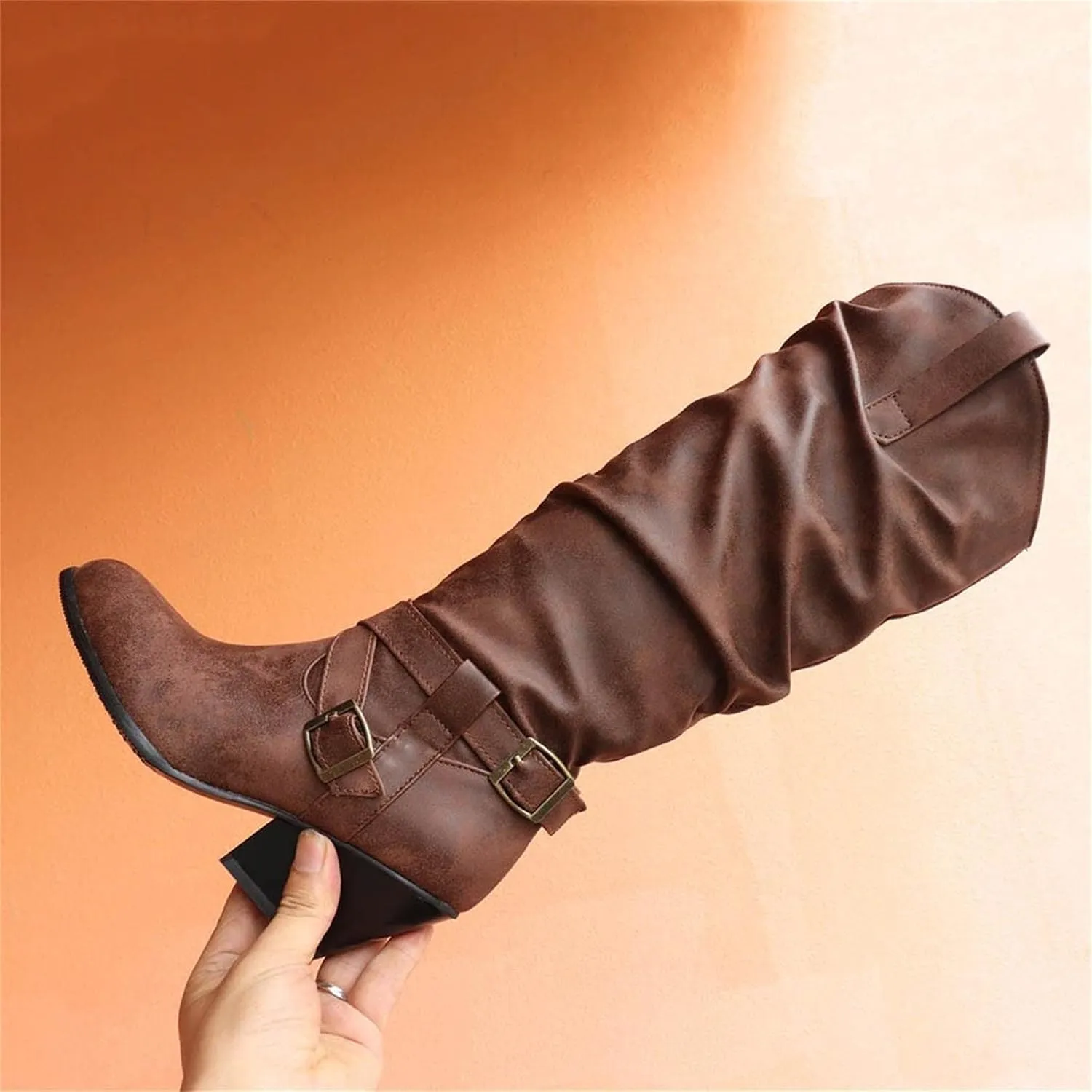 Combat Boots Womens Retro Low Chunky Heels Pleated Thigh High Boots Pull On Knee High Boots Long Bootie