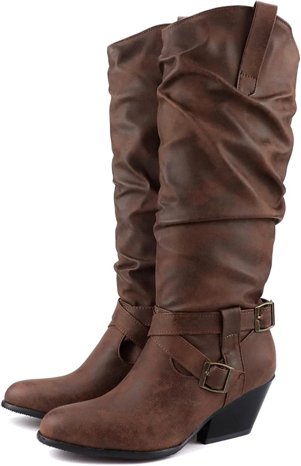 Combat Boots Womens Retro Low Chunky Heels Pleated Thigh High Boots Pull On Knee High Boots Long Bootie