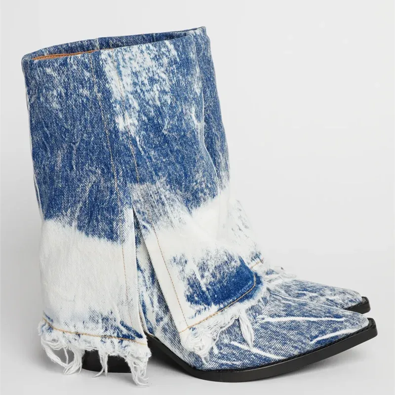 Denim Chunky Wedges Cowboy Boots