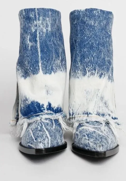 Denim Chunky Wedges Cowboy Boots