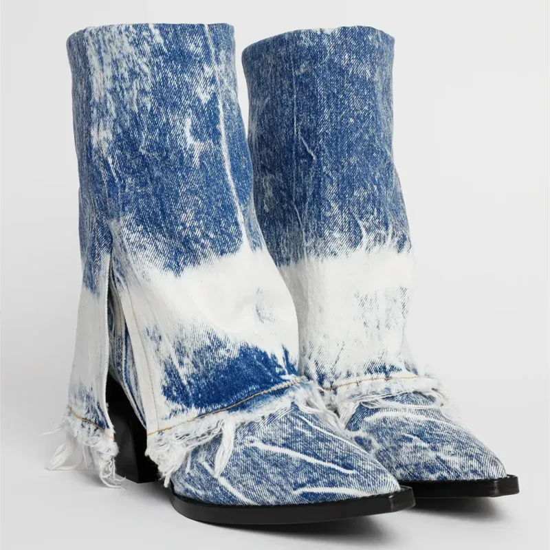 Denim Chunky Wedges Cowboy Boots