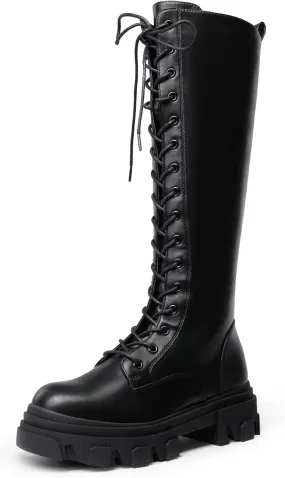 DREAM PAIRS Knee High Boots Women, Fashion Combat Boots Chunky Platform Lace Up Lug Sole Boots For Women