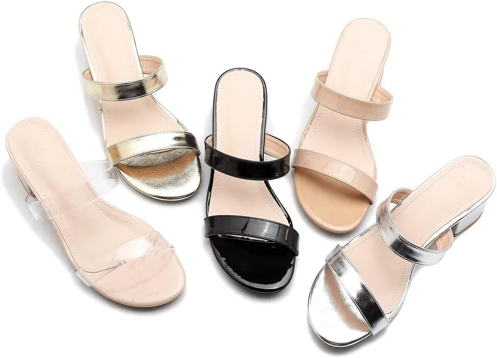kkdom Round Toe Chunky Heels Sandals-Clear Nude Black Short Heels Two Strap Leather Mule Sandals Slip On Block Heels for Party Dating Daily Work