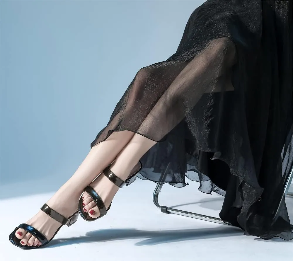 kkdom Round Toe Chunky Heels Sandals-Clear Nude Black Short Heels Two Strap Leather Mule Sandals Slip On Block Heels for Party Dating Daily Work