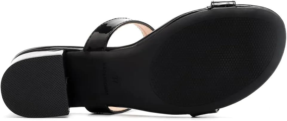 kkdom Round Toe Chunky Heels Sandals-Clear Nude Black Short Heels Two Strap Leather Mule Sandals Slip On Block Heels for Party Dating Daily Work