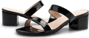 kkdom Round Toe Chunky Heels Sandals-Clear Nude Black Short Heels Two Strap Leather Mule Sandals Slip On Block Heels for Party Dating Daily Work