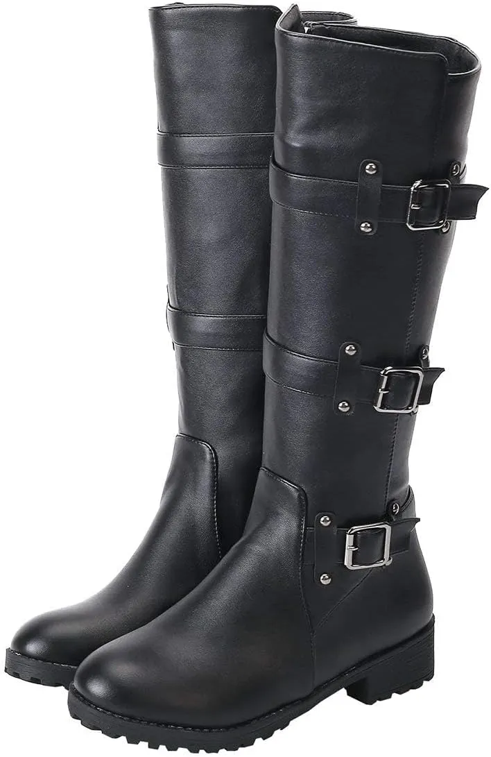 MAVMAX Women's Zipper Knee High Moto Boots Round Toe Motorcycle Boots Chunky Low Heel Biker Booties Buckle Long Riding Boot