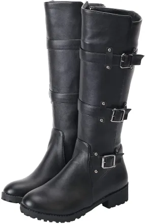 MAVMAX Women's Zipper Knee High Moto Boots Round Toe Motorcycle Boots Chunky Low Heel Biker Booties Buckle Long Riding Boot