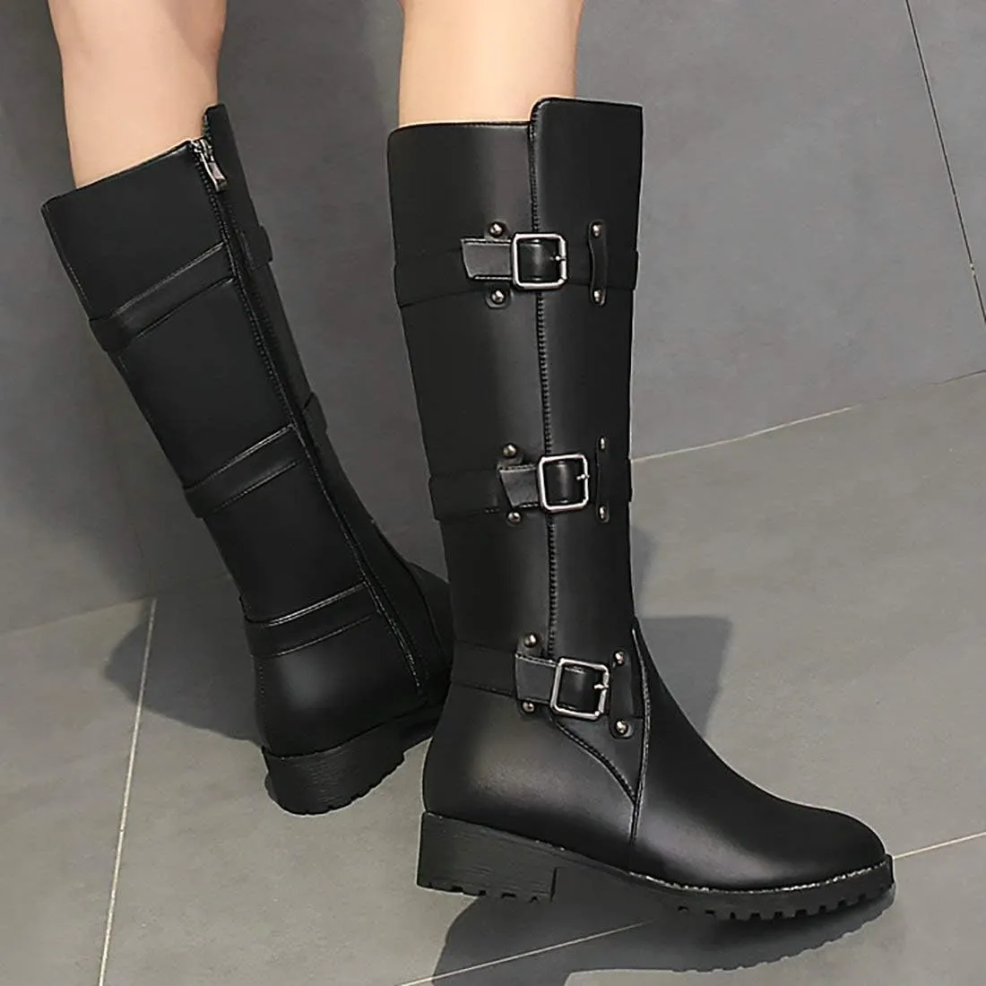 MAVMAX Women's Zipper Knee High Moto Boots Round Toe Motorcycle Boots Chunky Low Heel Biker Booties Buckle Long Riding Boot