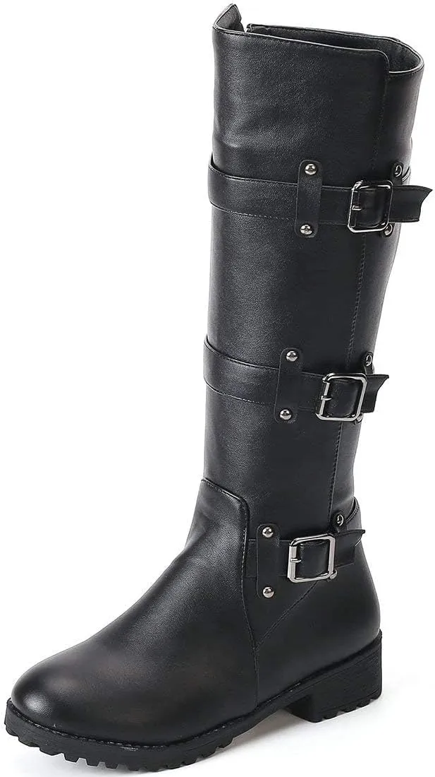 MAVMAX Women's Zipper Knee High Moto Boots Round Toe Motorcycle Boots Chunky Low Heel Biker Booties Buckle Long Riding Boot