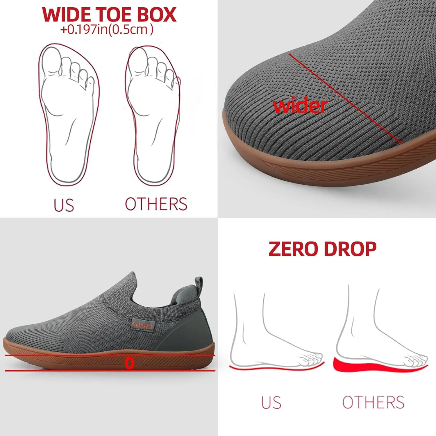 Men's Barefoot Shoes Minimalist Slip on Cross-Trainer Shoes Wide Toe Walking Shoes Zero Drop Sole Trail Running Sneakers Gym Workout Casual