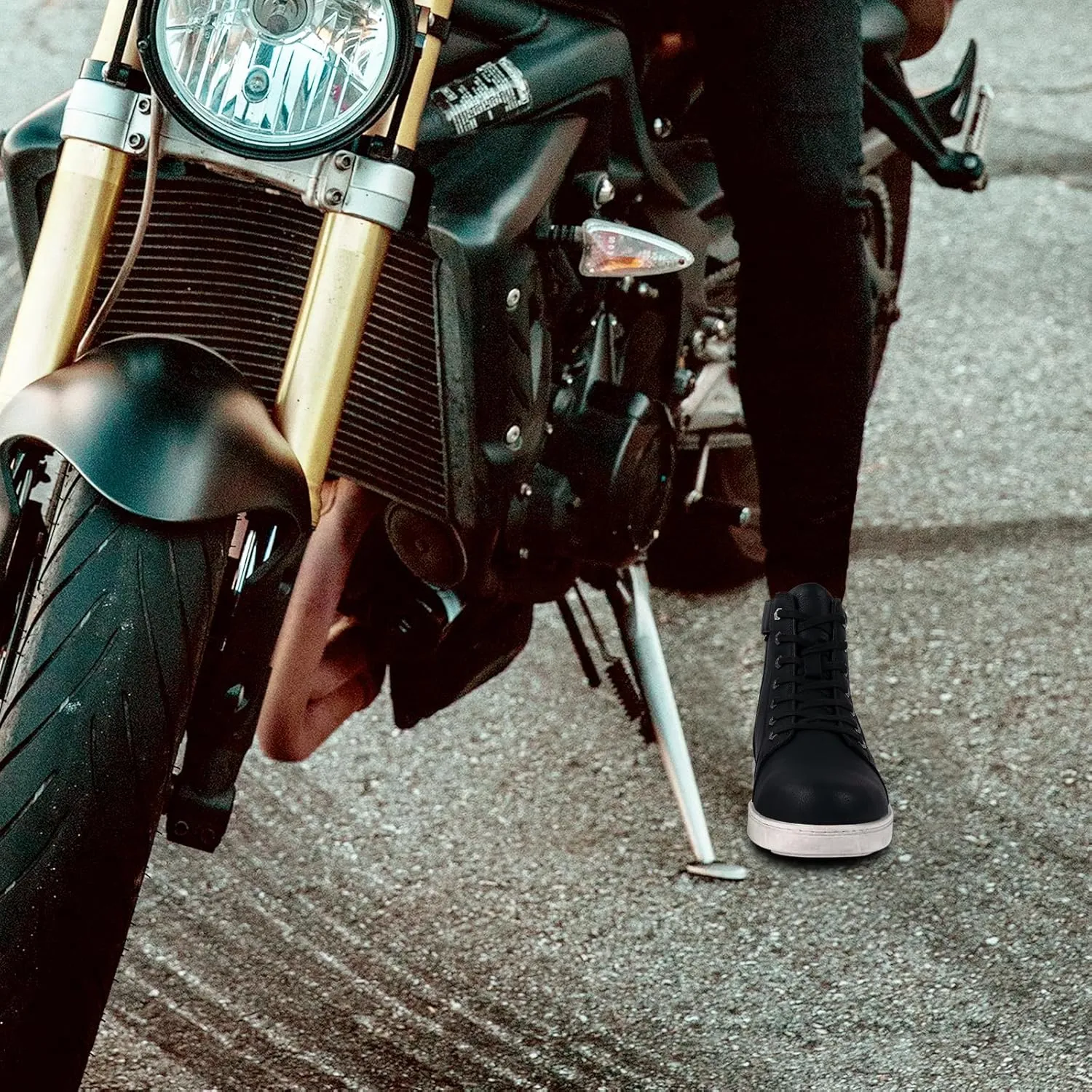 Men's Casual Boot PU Leather Combat Boots For Men Waterproof Motorcycle Boots For Biker Hiking with Lace-Up Side Zipper