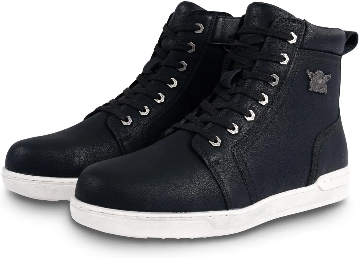 Men's Casual Boot PU Leather Combat Boots For Men Waterproof Motorcycle Boots For Biker Hiking with Lace-Up Side Zipper