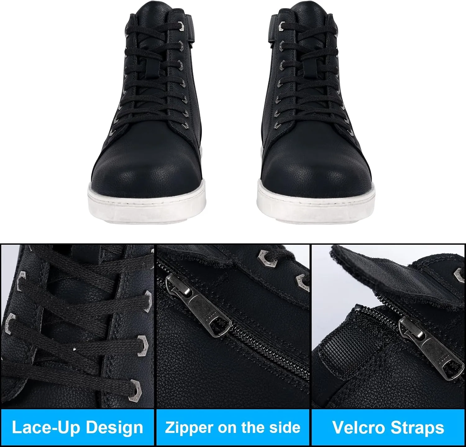 Men's Casual Boot PU Leather Combat Boots For Men Waterproof Motorcycle Boots For Biker Hiking with Lace-Up Side Zipper