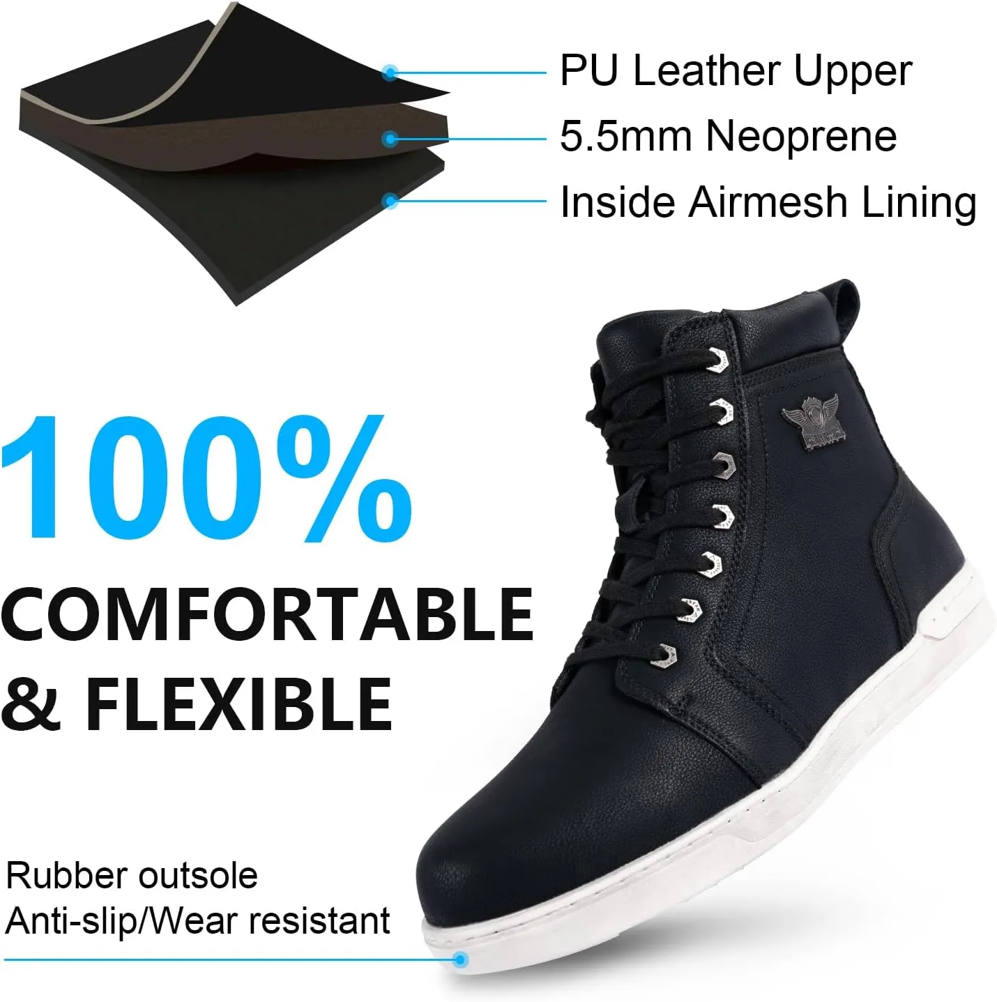 Men's Casual Boot PU Leather Combat Boots For Men Waterproof Motorcycle Boots For Biker Hiking with Lace-Up Side Zipper