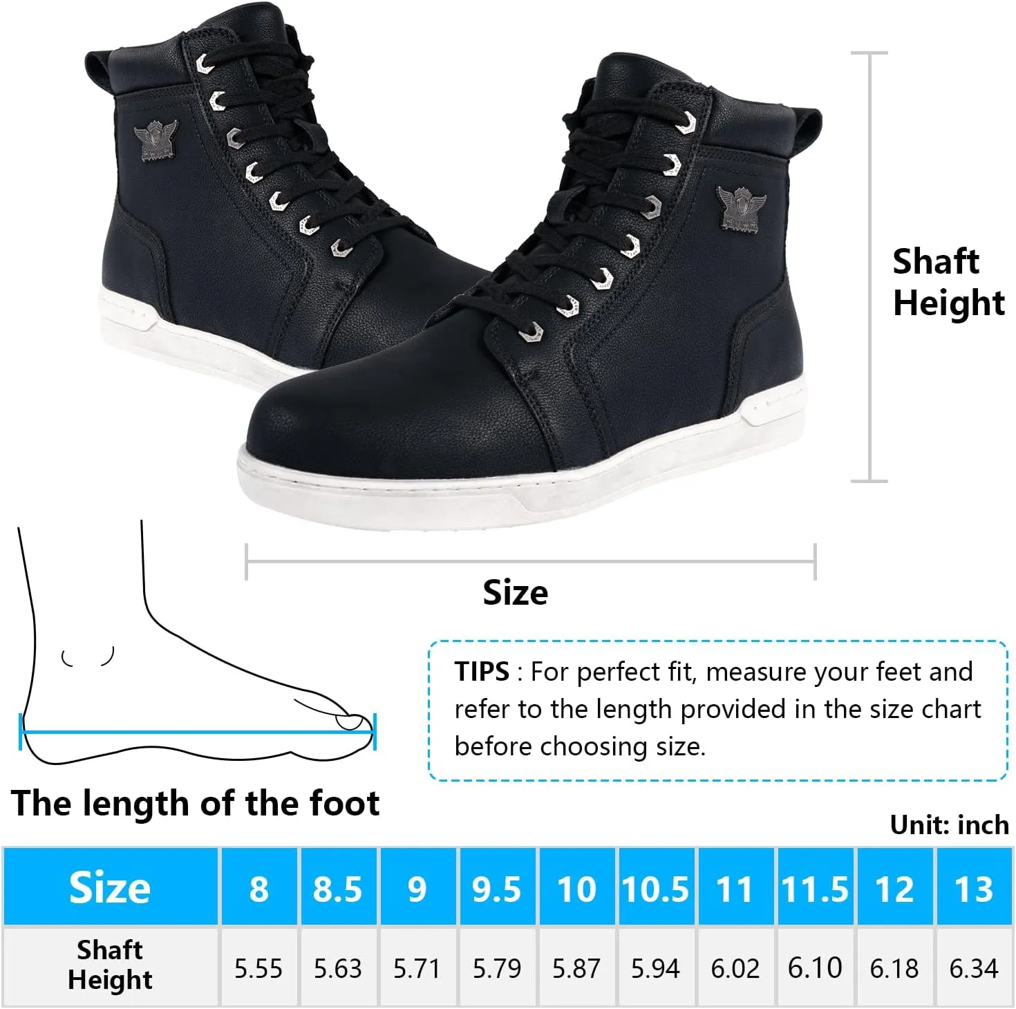 Men's Casual Boot PU Leather Combat Boots For Men Waterproof Motorcycle Boots For Biker Hiking with Lace-Up Side Zipper