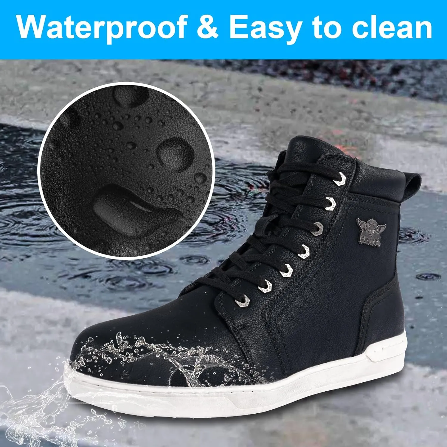 Men's Casual Boot PU Leather Combat Boots For Men Waterproof Motorcycle Boots For Biker Hiking with Lace-Up Side Zipper
