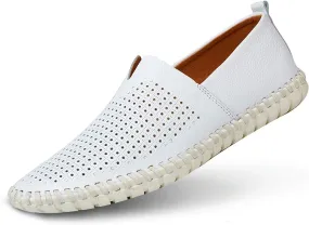 Men's Genuine Leather Loafer Shoes Slip On Soft Walking Shoes Perforated Driving Shoes