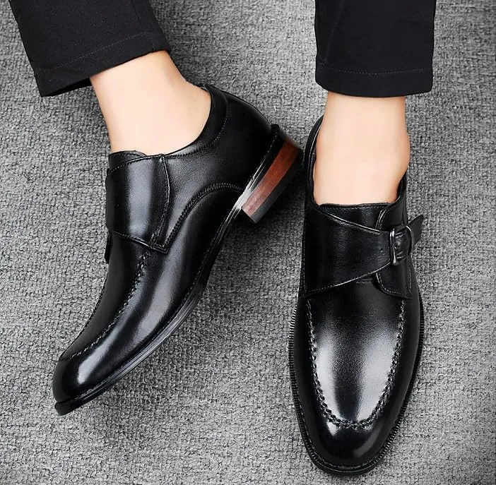 Men's Genuine Leather Monk Buckle Oxford Shoes - Retro Pointed Toe Non-Slip Business Dress Shoes for Formal Occasions