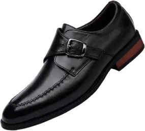 Men's Genuine Leather Monk Buckle Oxford Shoes - Retro Pointed Toe Non-Slip Business Dress Shoes for Formal Occasions