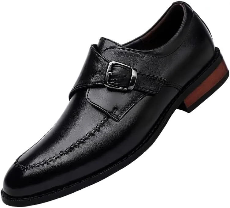 Men's Genuine Leather Monk Buckle Oxford Shoes - Retro Pointed Toe Non-Slip Business Dress Shoes for Formal Occasions