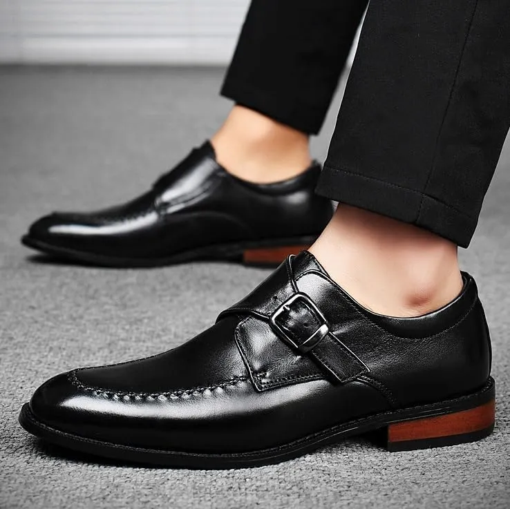 Men's Genuine Leather Monk Buckle Oxford Shoes - Retro Pointed Toe Non-Slip Business Dress Shoes for Formal Occasions